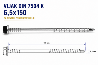 VIJAK DIN 7504 K 6,5x150 ZA DRVENU PODKONSTRUKCIJU